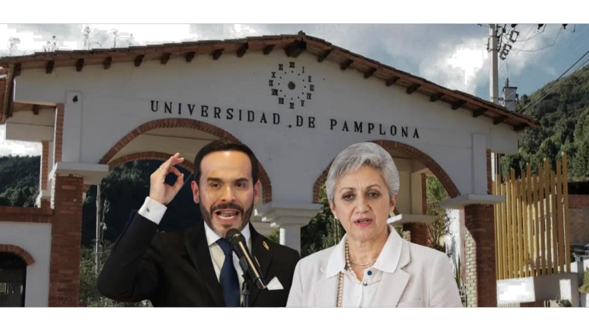 El presidente Abelardo De La Espriella y la ministra de Educación frente a la fachada de la Universidad de Pamplona.