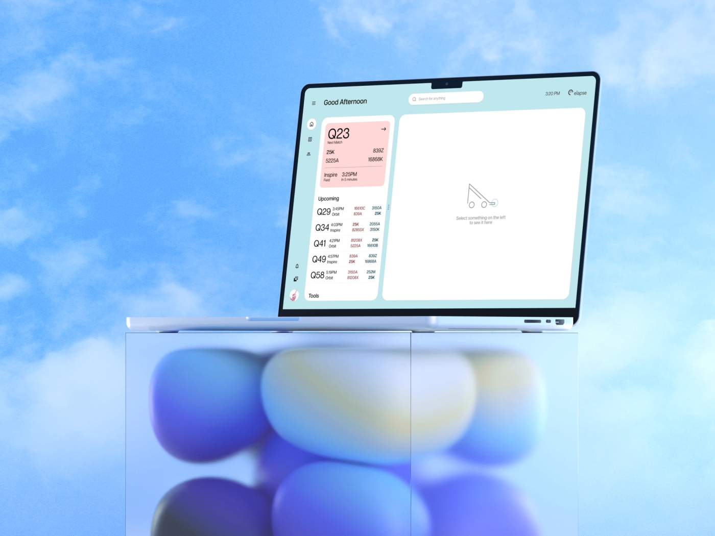 Original Elapse desktop concept shown on a laptop, with the next match and upcoming schedule in a left panel
