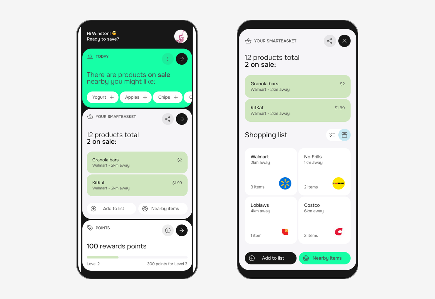 SmartBasket nearby sale discovery and shopping list grouped by store