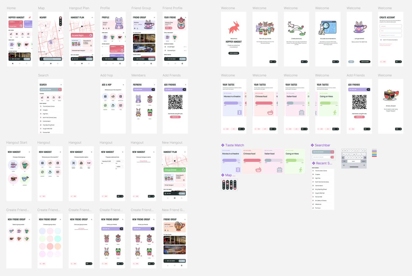 Hopper Hangout Figma screen collection showing home, map, profile, onboarding, hangout creation, friend groups, and reusable components