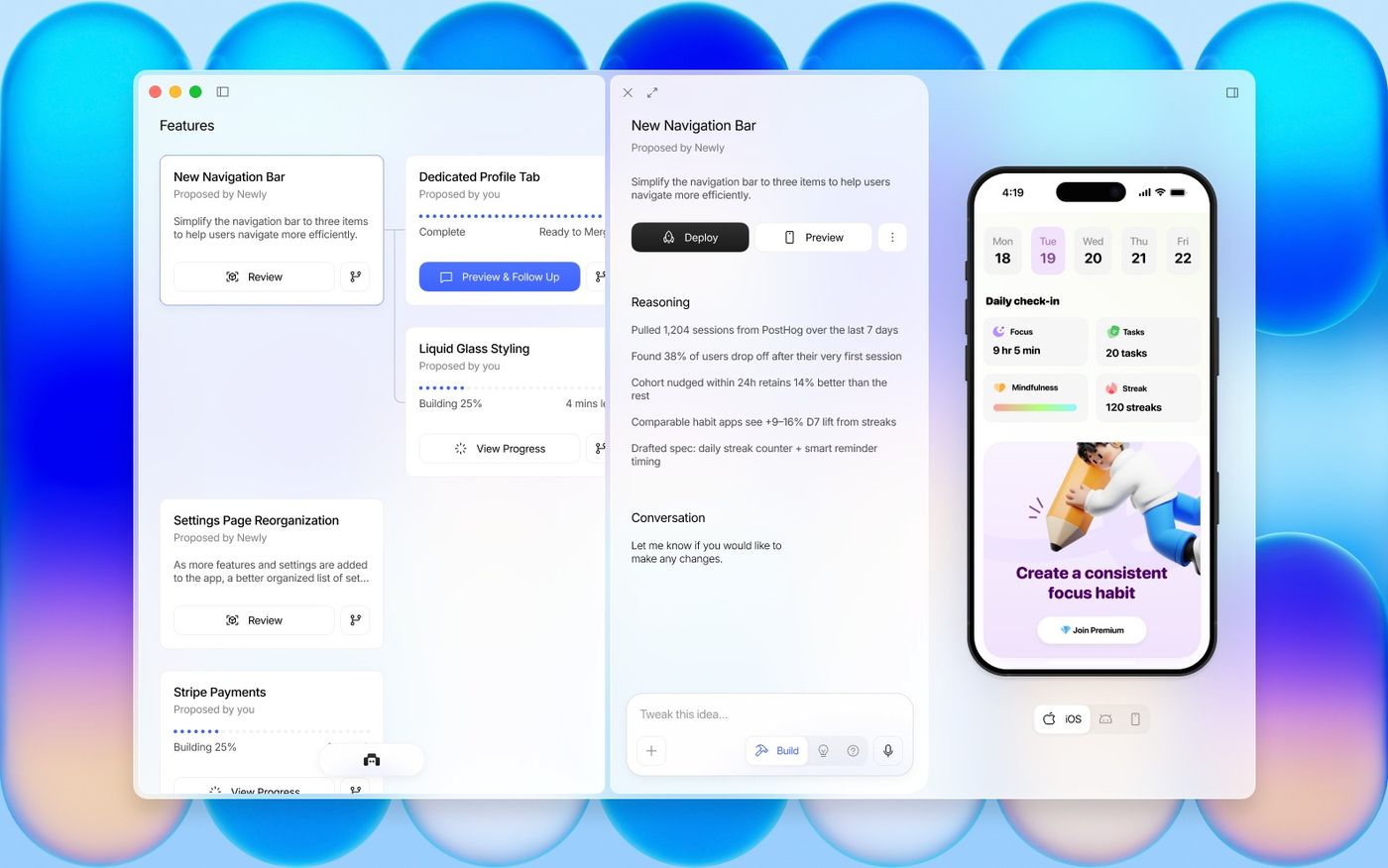 Newly window on a blue gradient showing the feature board, the agent's reasoning panel with a Deploy button, and a live iPhone preview