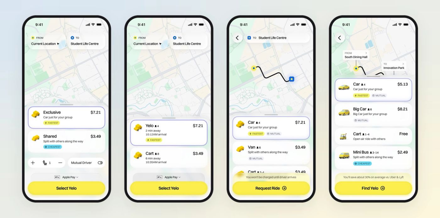 Four iterations of the Yelo ride selection sheet, ending with named vehicle classes and 3D cars