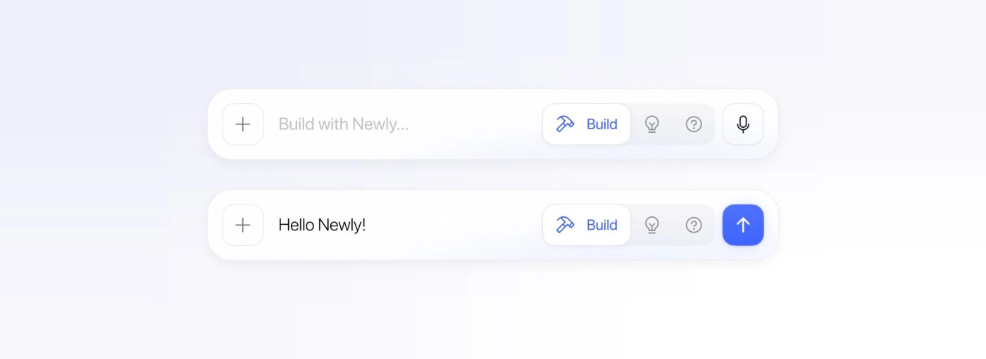 The Newly prompt bar empty with a microphone button, and filled with text and a blue send button
