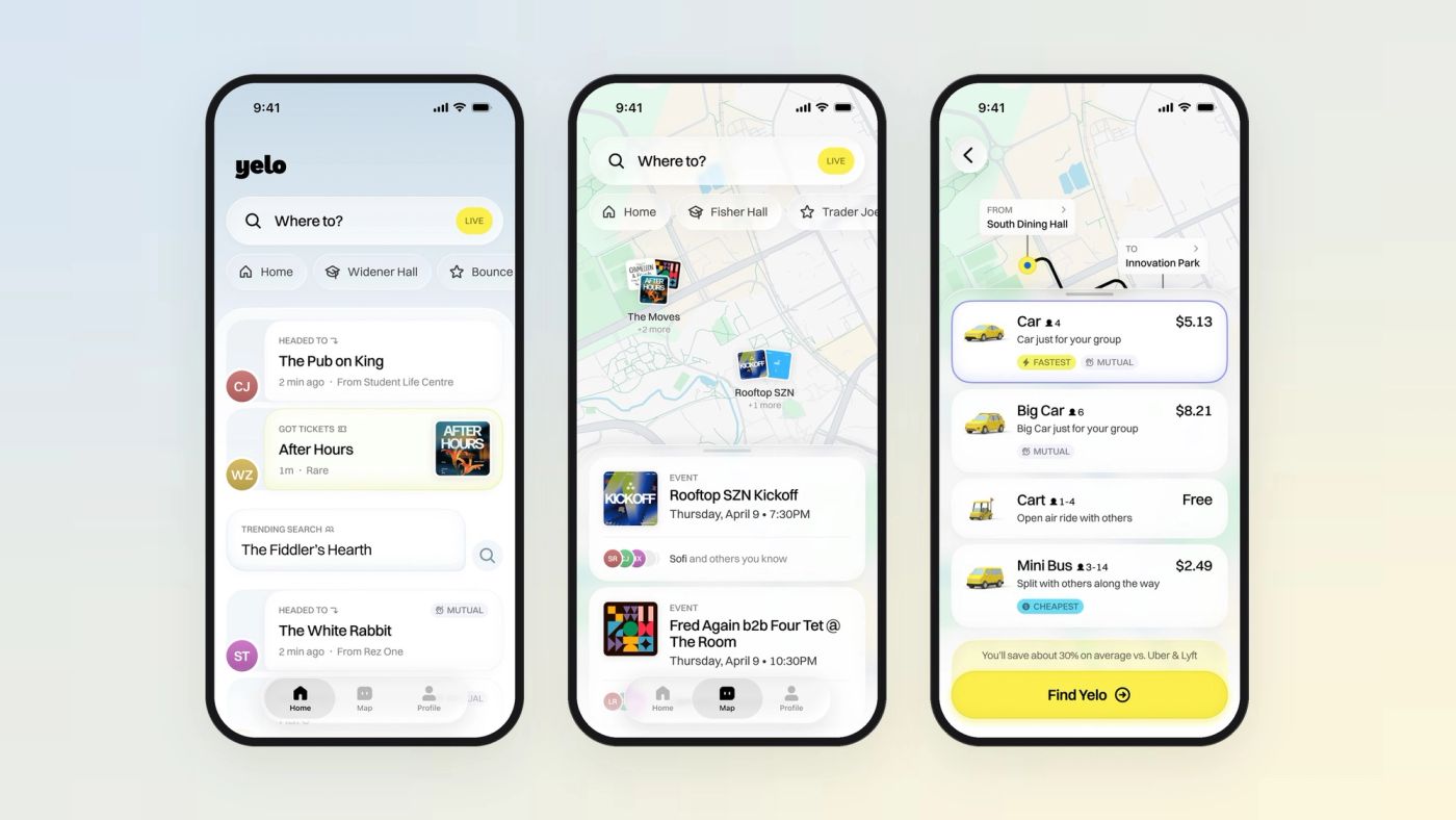Three Yelo screens on iPhones: the home feed, the event map and ride selection