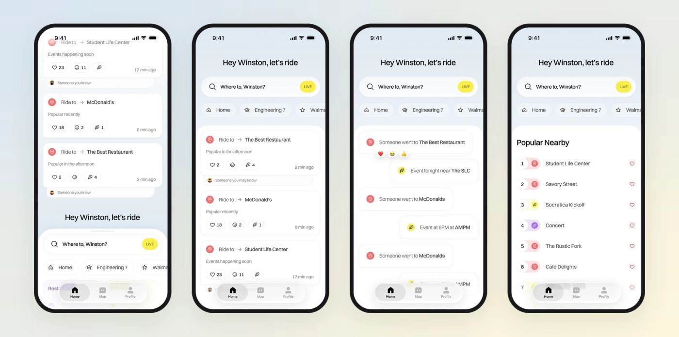Four Yelo home screen directions side by side: feed first, search first, chat bubbles, ranked list