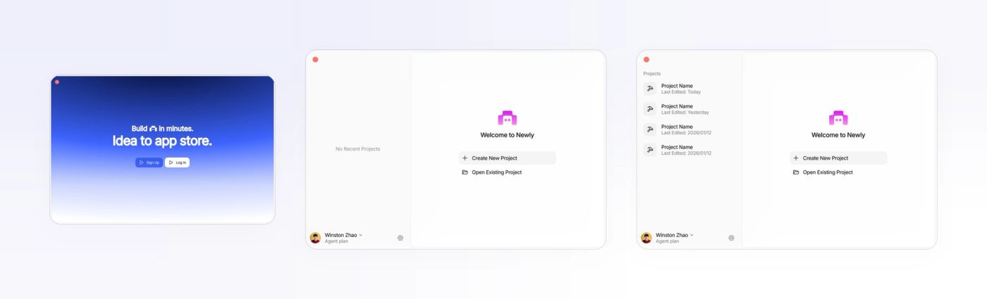 Three small Newly launcher windows: the sign-in splash, the first-run welcome, and the launcher with recent projects
