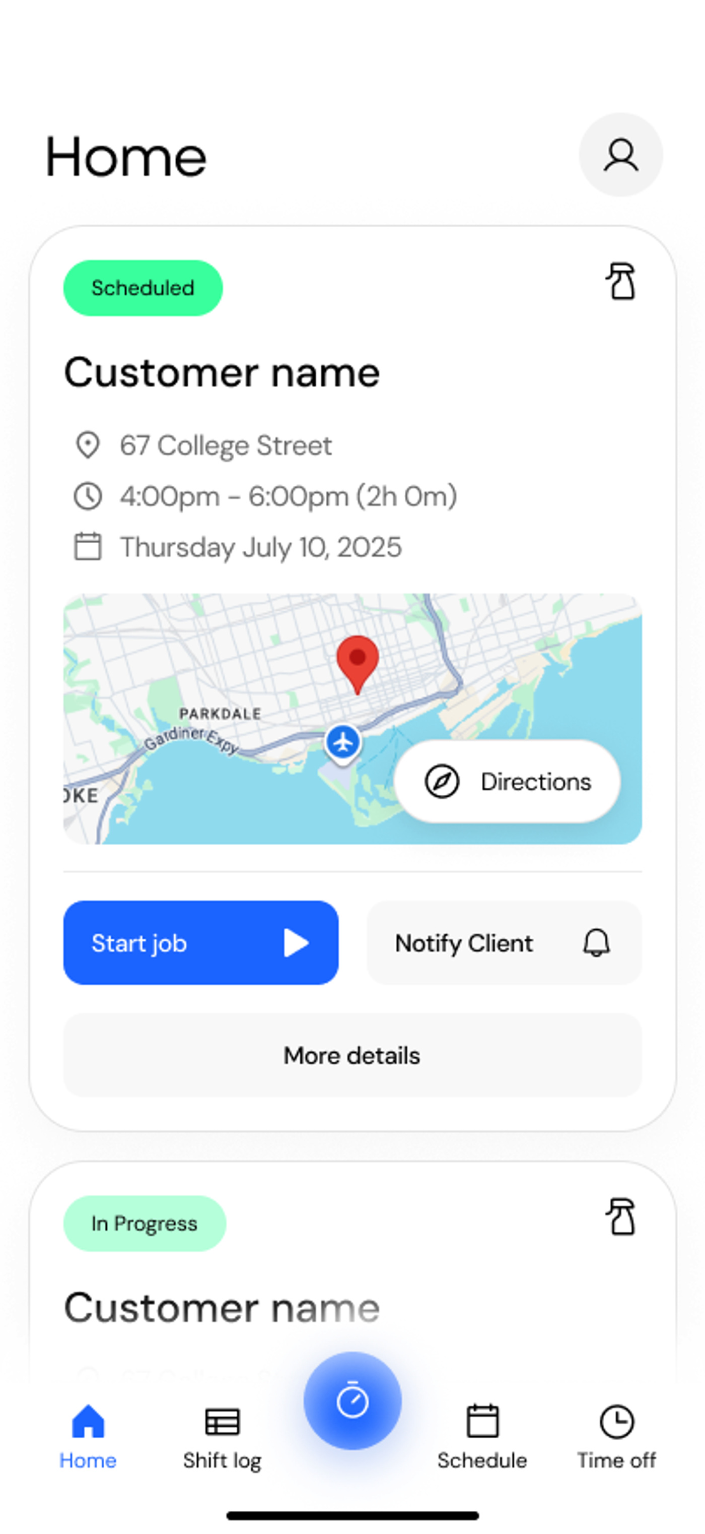 Augwa mobile scheduled job with customer, address, and start action