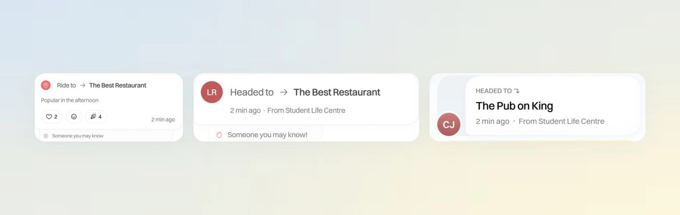 Three versions of the Yelo feed card: notification style, grouped with a stack of avatars, and the final labelled card