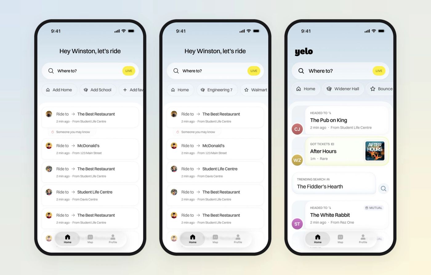 Yelo home screen for a first-time user with Add Home and Add School chips, for a returning user, and the final version