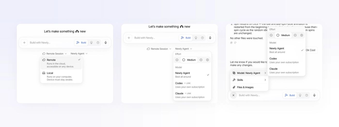 Three popovers from the Newly prompt bar: Remote or Local session, Effort and Model, and the + menu with the model submenu
