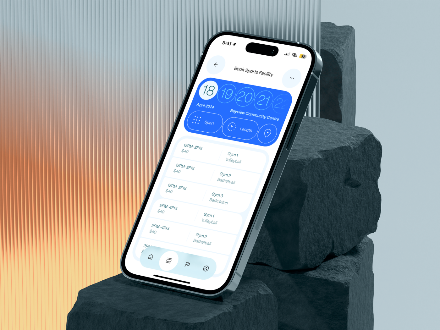YRConnect sports facility availability in an iPhone mockup, showing a date selector, sport and length filters, and gym time slots