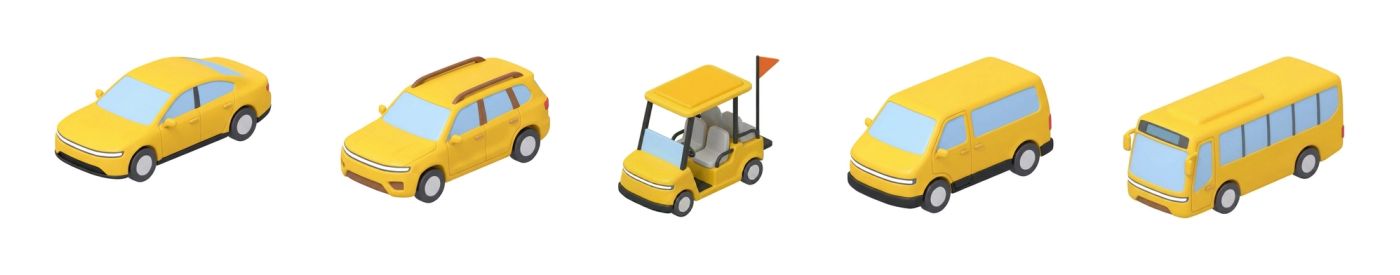 Five yellow 3D vehicles in a row: sedan, SUV, golf cart with a flag, van and bus