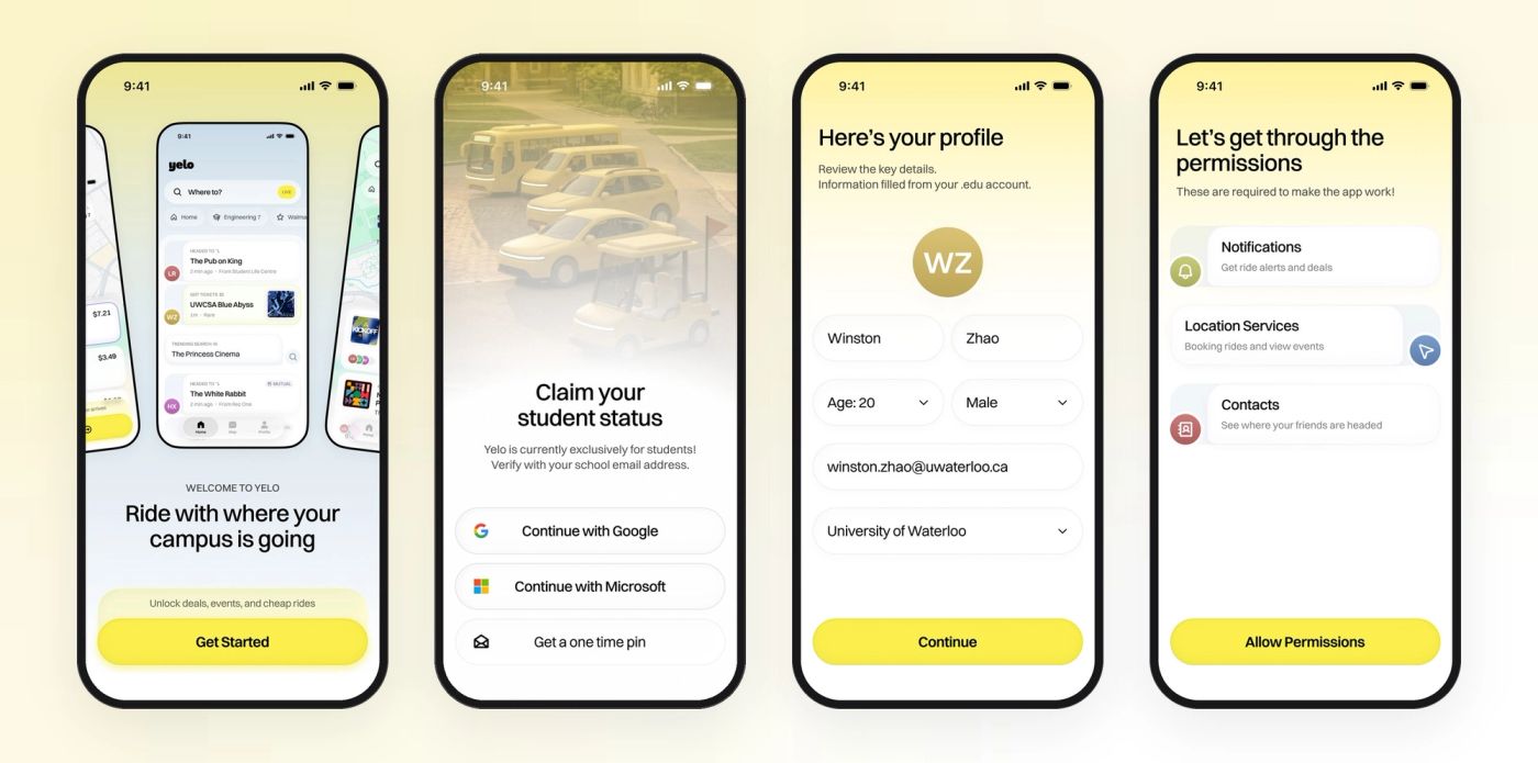 Four Yelo onboarding screens: welcome, claim your student status, pre-filled profile, and permissions