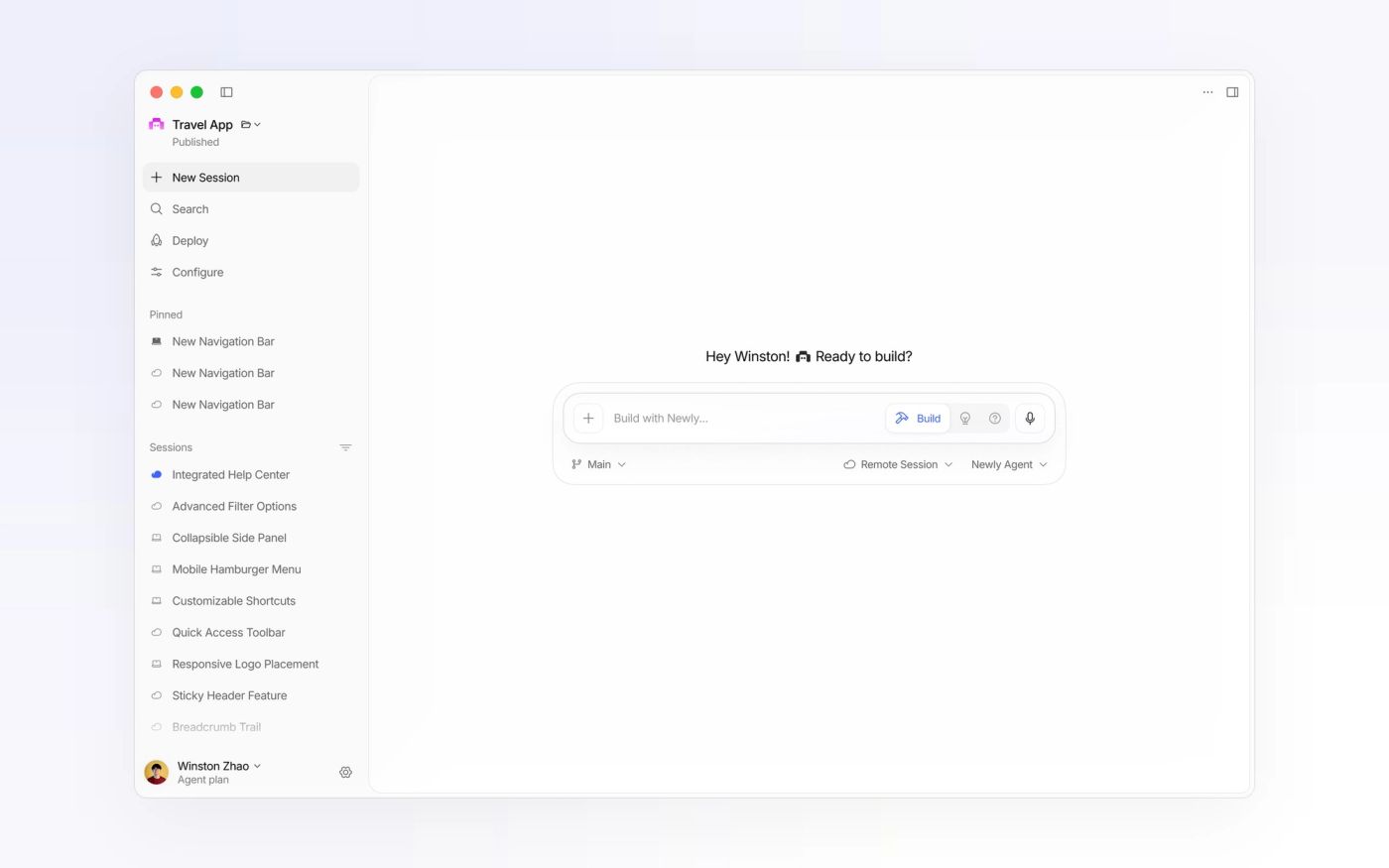 Newly new-session screen with the Travel App sidebar: pinned and recent sessions, cloud and laptop glyphs, a running indicator