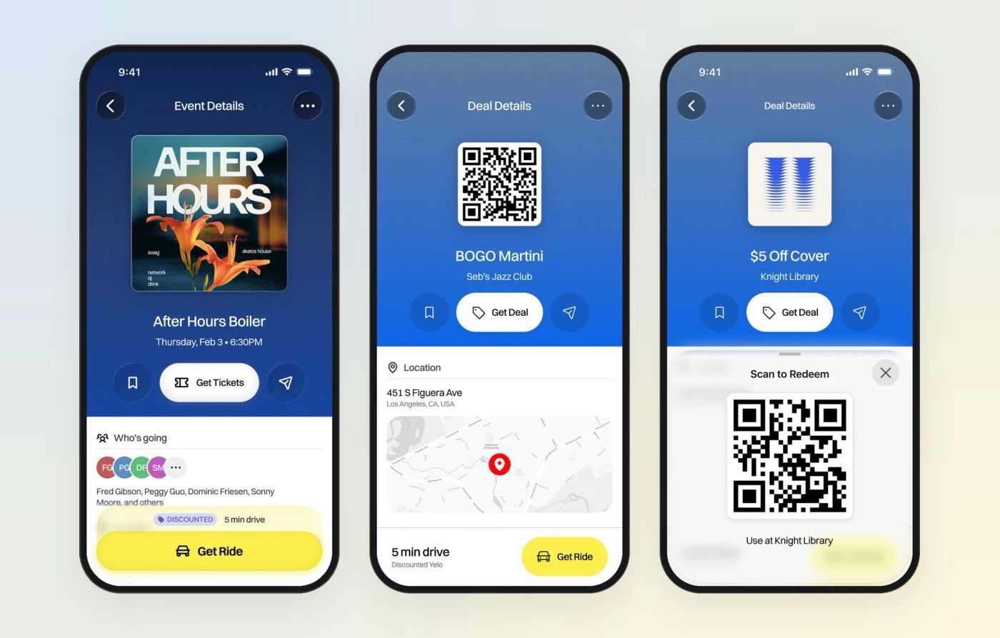 Yelo event details, deal details, and the Scan to Redeem sheet