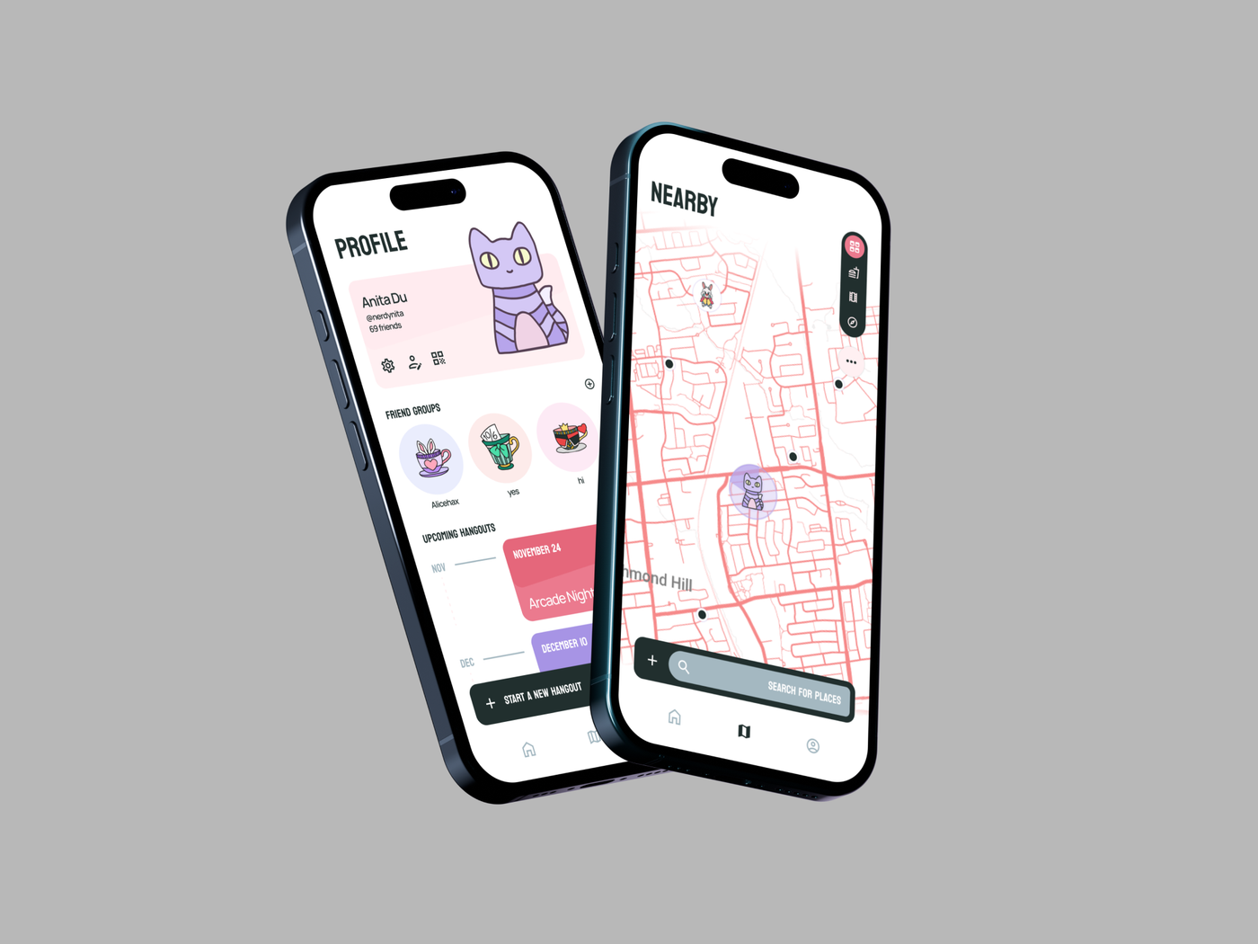 Hopper Hangout profile and nearby-map screens shown in two iPhone mockups