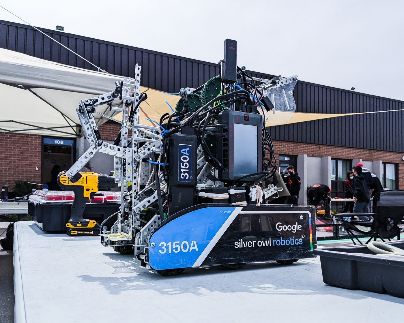 Close view of the Team 3150A robot at an outdoor scrimmage