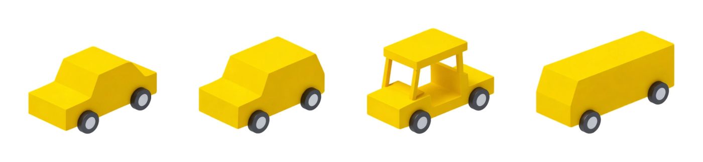 Four low-poly yellow toy vehicles