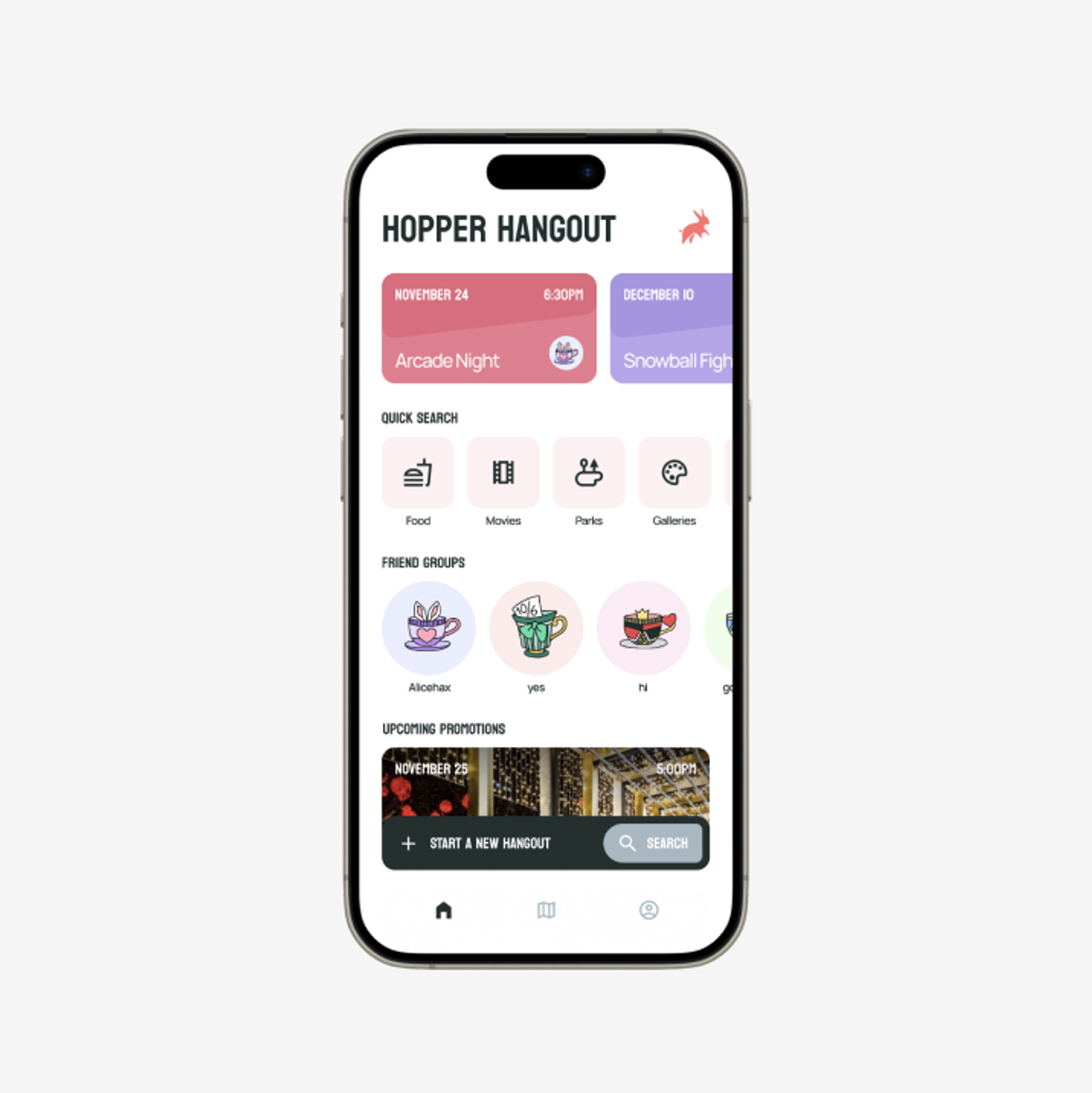 Front-facing iPhone showing Hopper Hangout Home, with hangouts, activity shortcuts, friend groups, and promotions