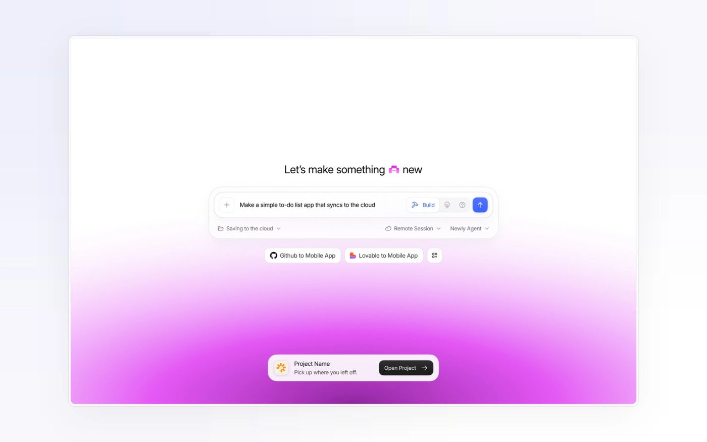 Newly on the web: the welcome screen with a magenta gradient, a filled prompt and a Pick up where you left off toast