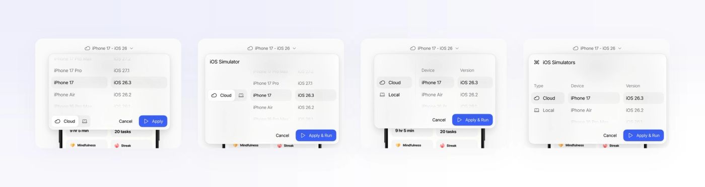 Four iterations of the iOS simulator picker popover, ending with labelled Type, Device and Version columns