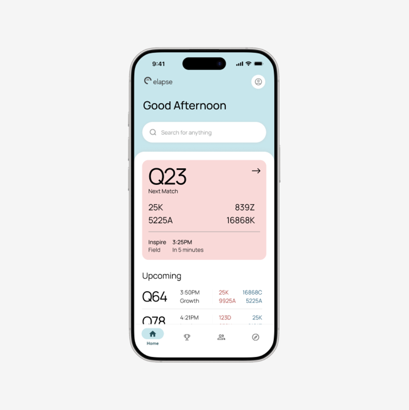 Front-facing iPhone showing the Elapse home screen, with the Q23 next-match card and upcoming matches