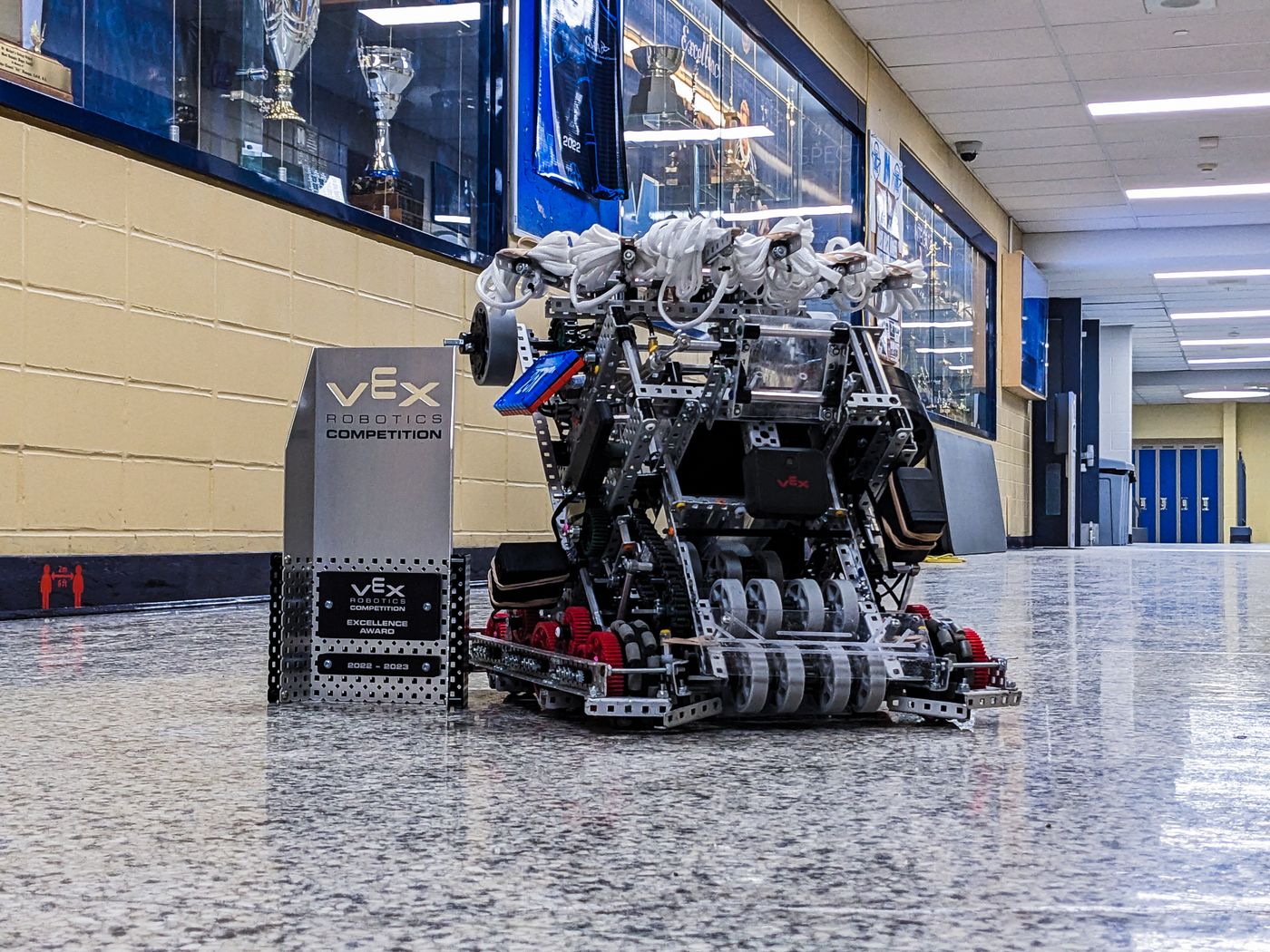 Team 25K robot photographed in a school hallway