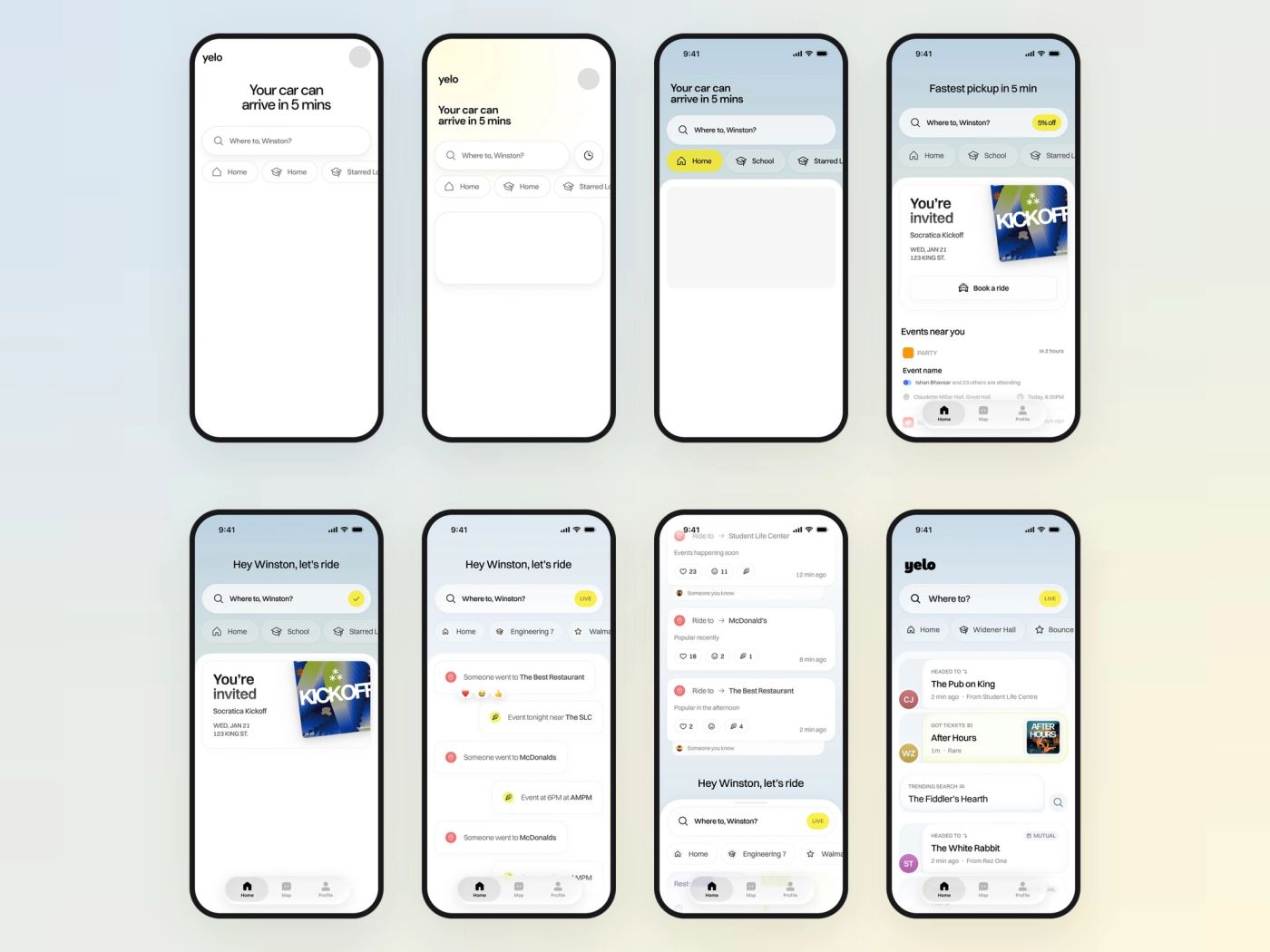 Eight iterations of the Yelo home screen in a row, from a plain search box to a live social feed