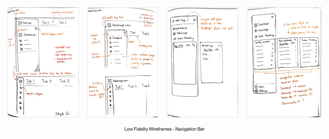 Low-fidelity navigation bar wireframes with design annotations