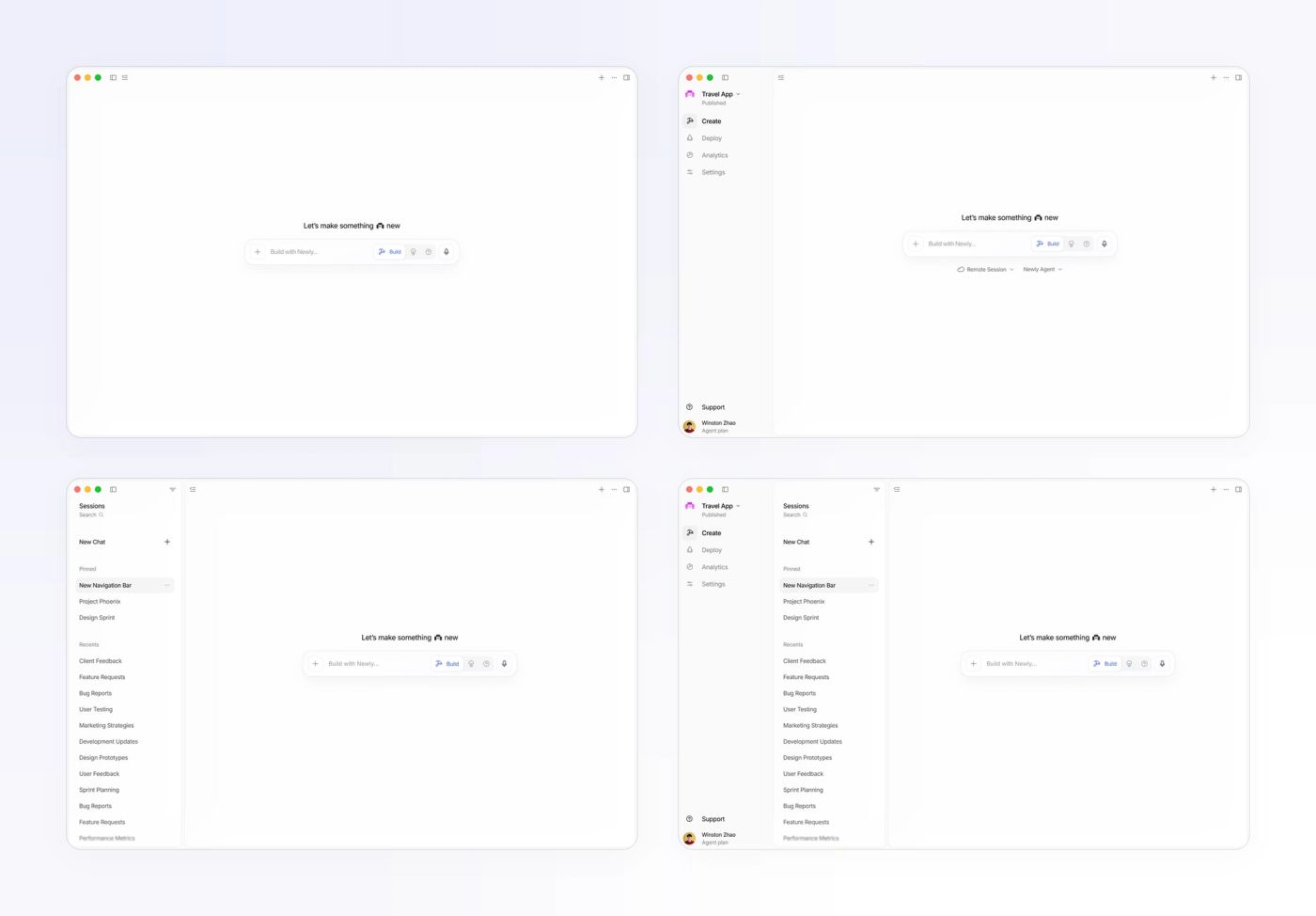Four Newly screens showing the same empty prompt with zero, one, two and three panels open