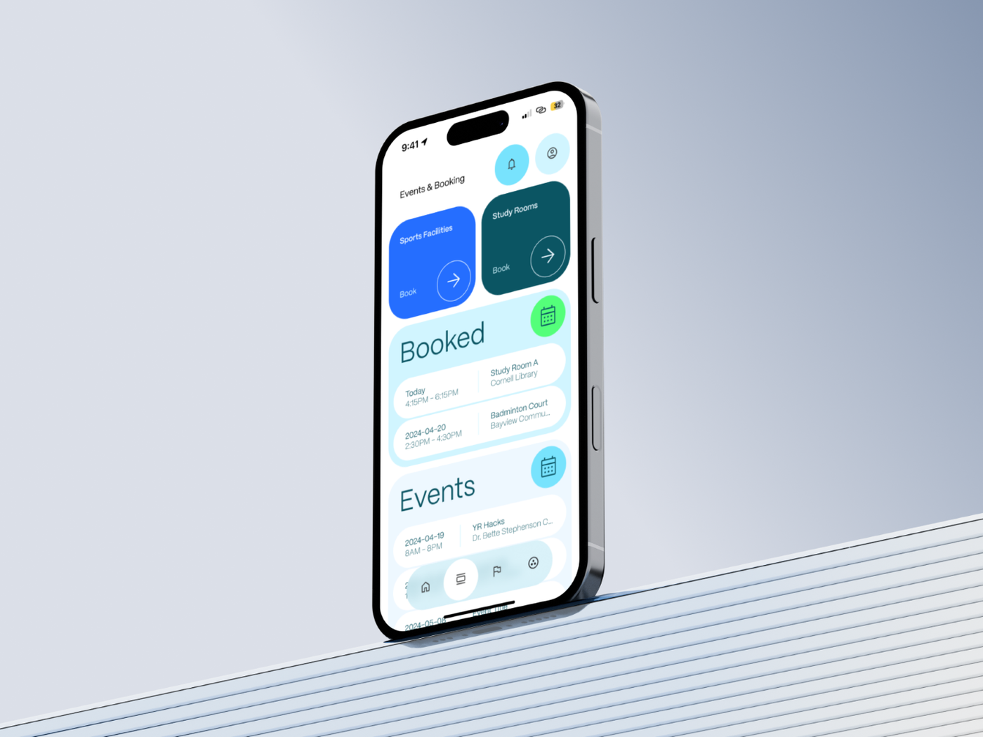 YRConnect booking overview in an iPhone mockup, showing sports and study-room entry points, booked reservations, and events