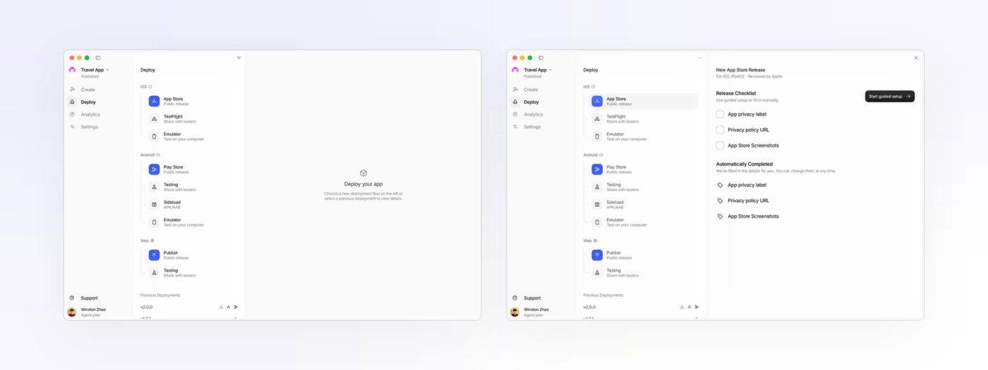 The Newly Deploy hub, and the App Store release card with a checklist and an Automatically Completed list