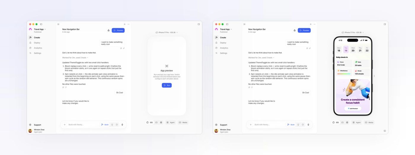 The Newly workspace before and after pressing Run: an App preview placeholder, then a habit-tracker app running in an iPhone simulator