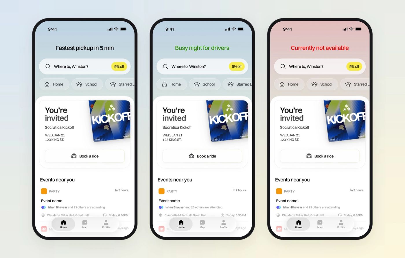 Three Yelo home screens whose headline and background colour change with driver availability