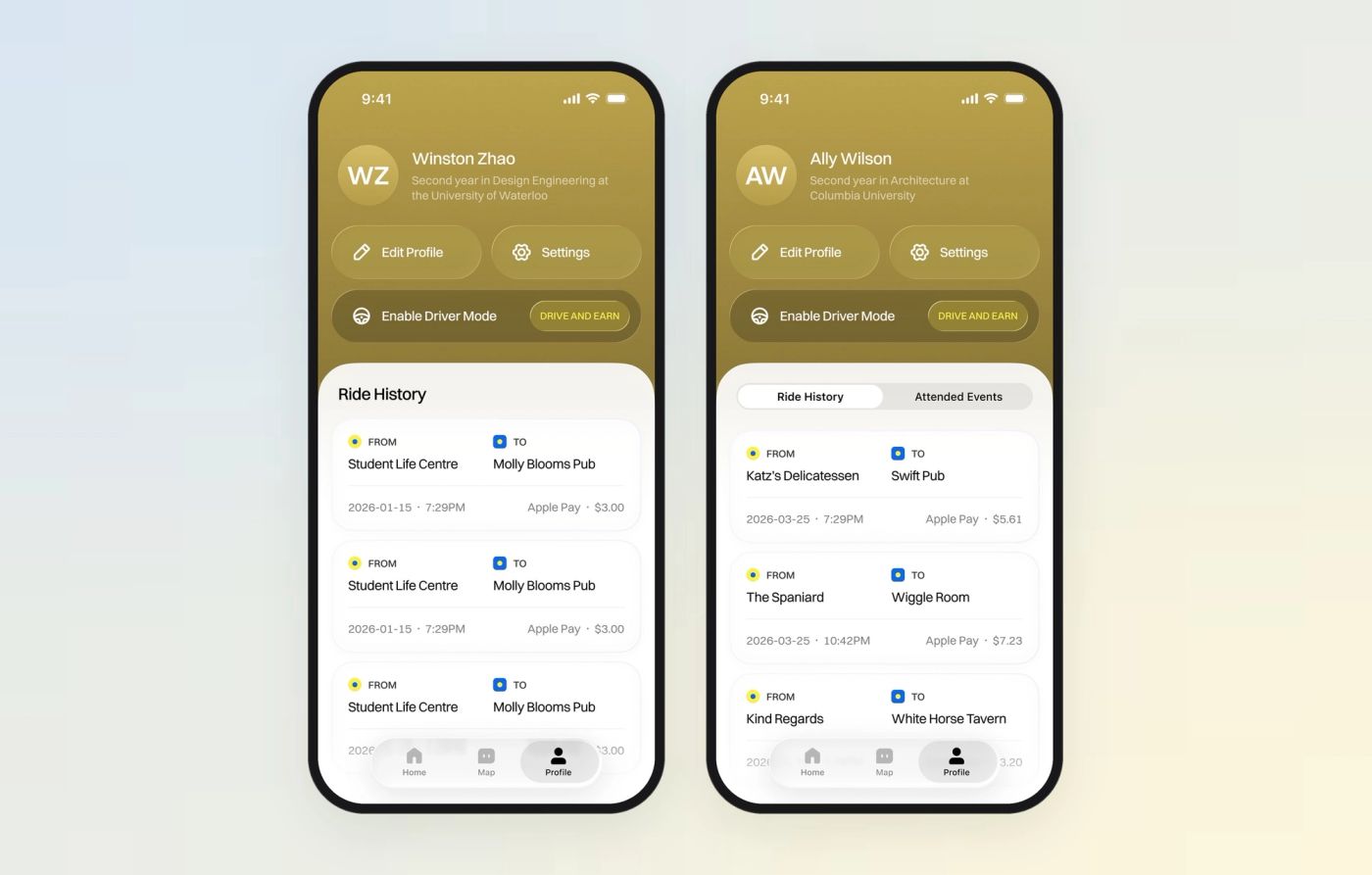 Two Yelo profile screens with a gold gradient header, ride history and an Enable Driver Mode banner