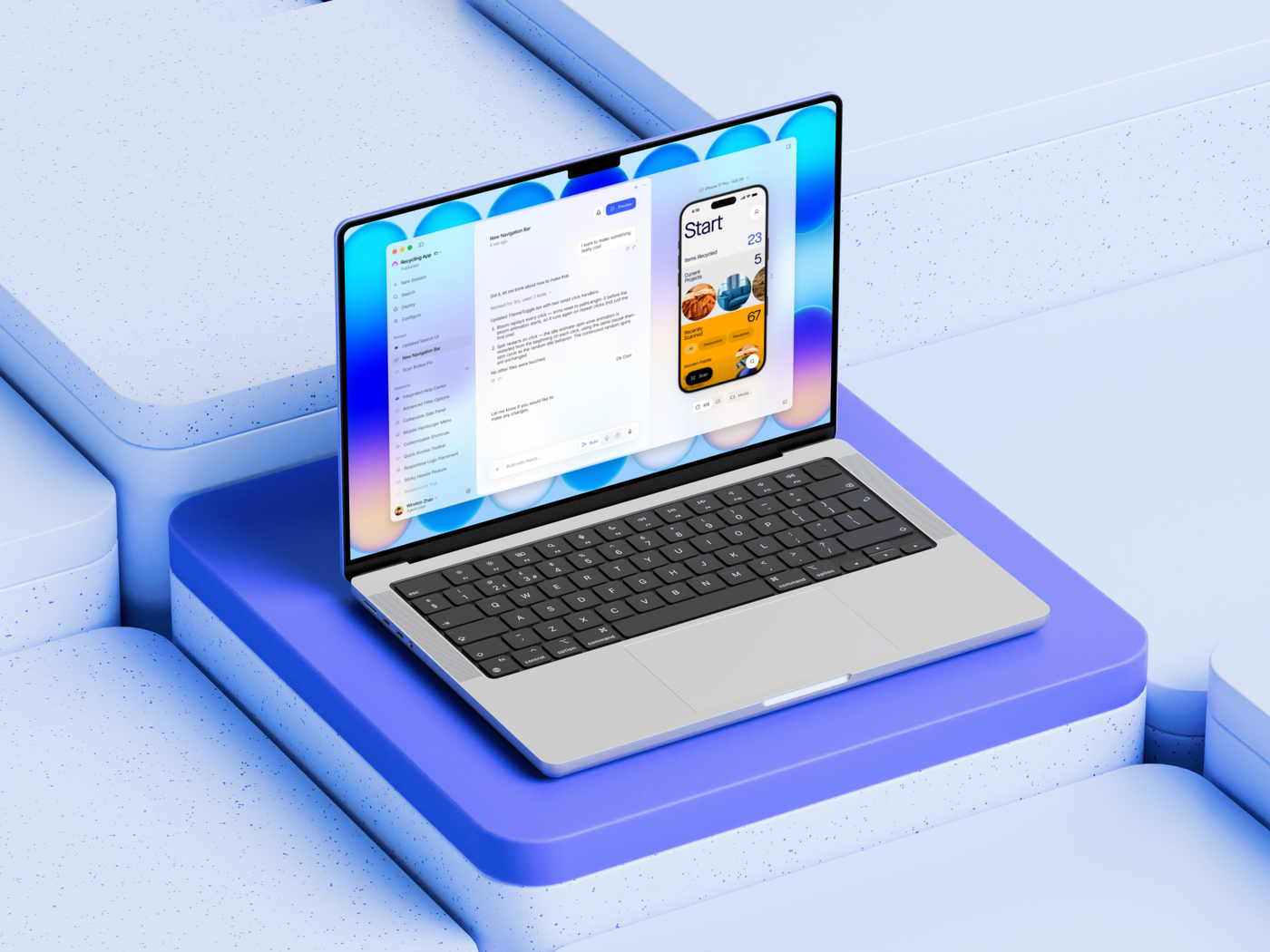 The Newly desktop workspace on a MacBook — project sidebar, conversation with the agent and a live iPhone preview — over the blue brand gradient