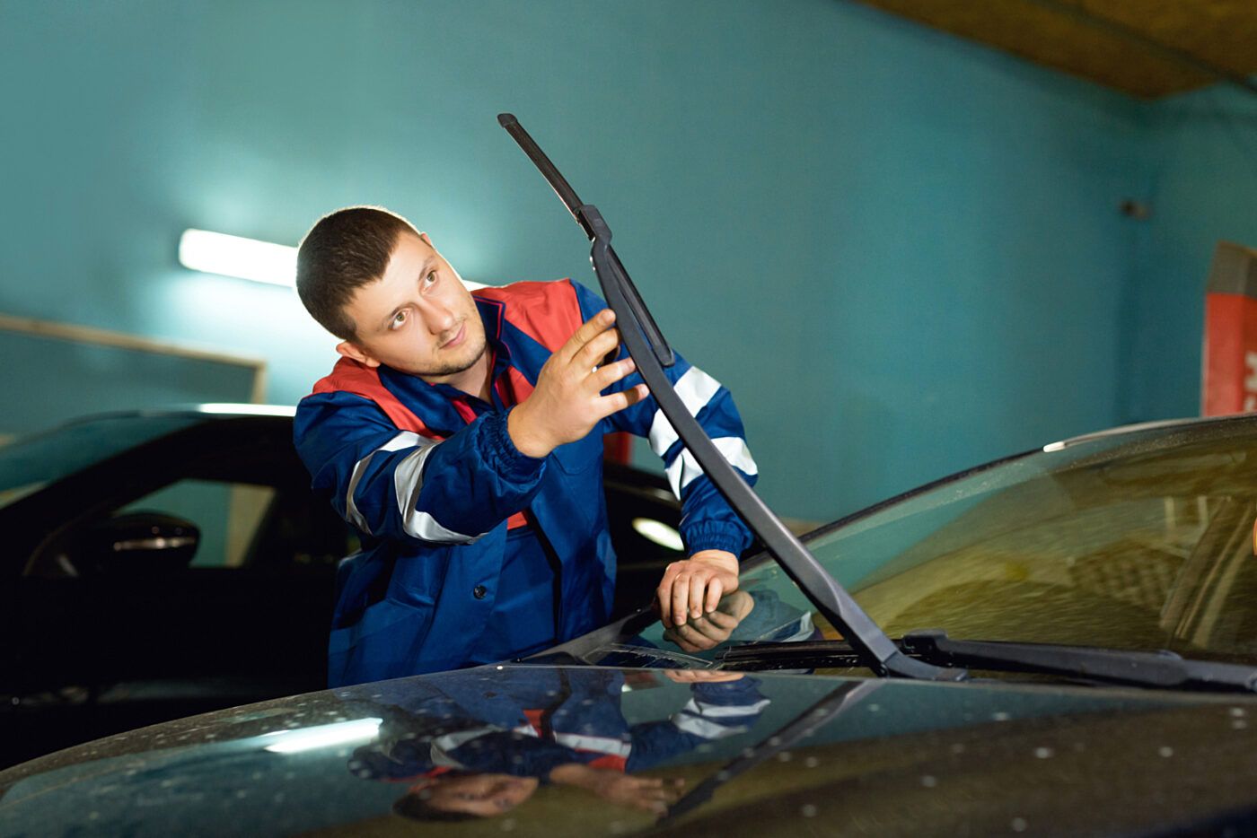 Photo showing wiper blade on a car being replaced by professional
