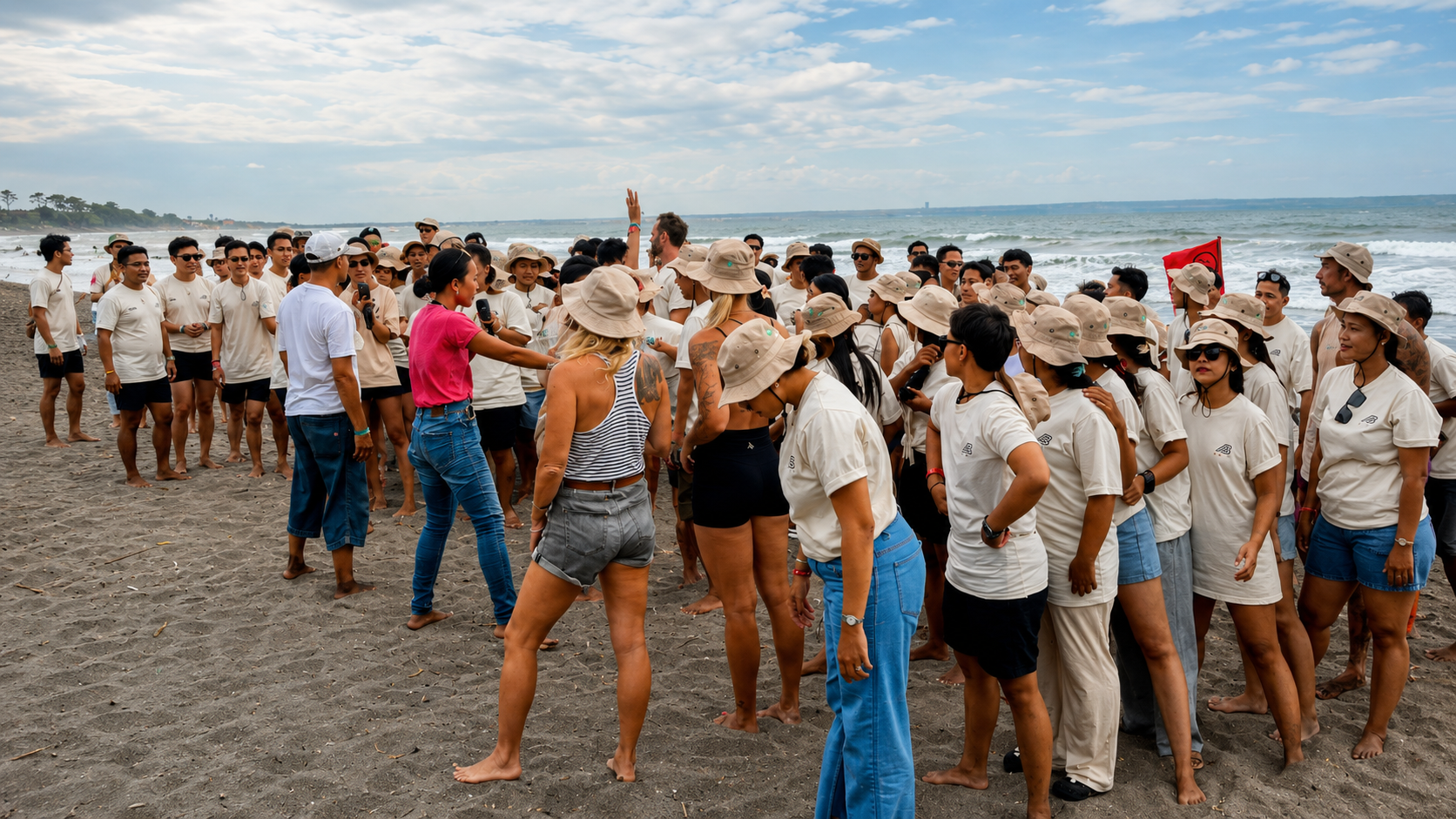 Peserta Body Factory Bali berkumpul di pantai saat company gathering di Bali