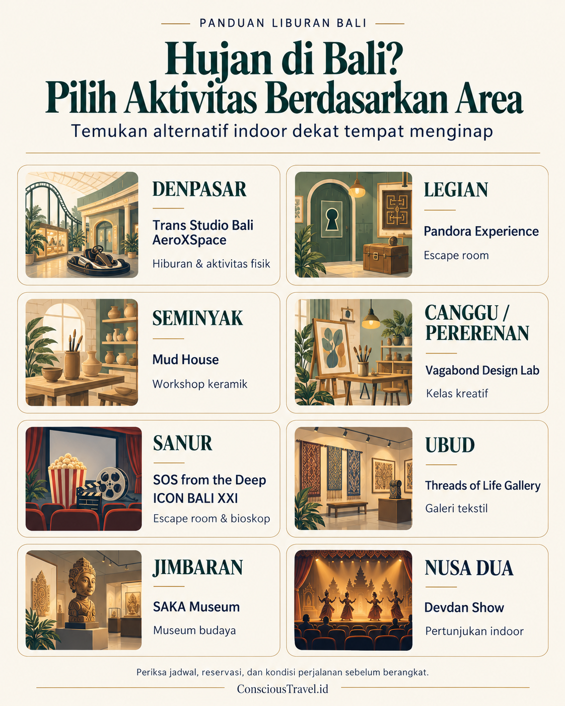 Infografik pilihan aktivitas indoor di Bali saat hujan berdasarkan delapan kawasan menginap