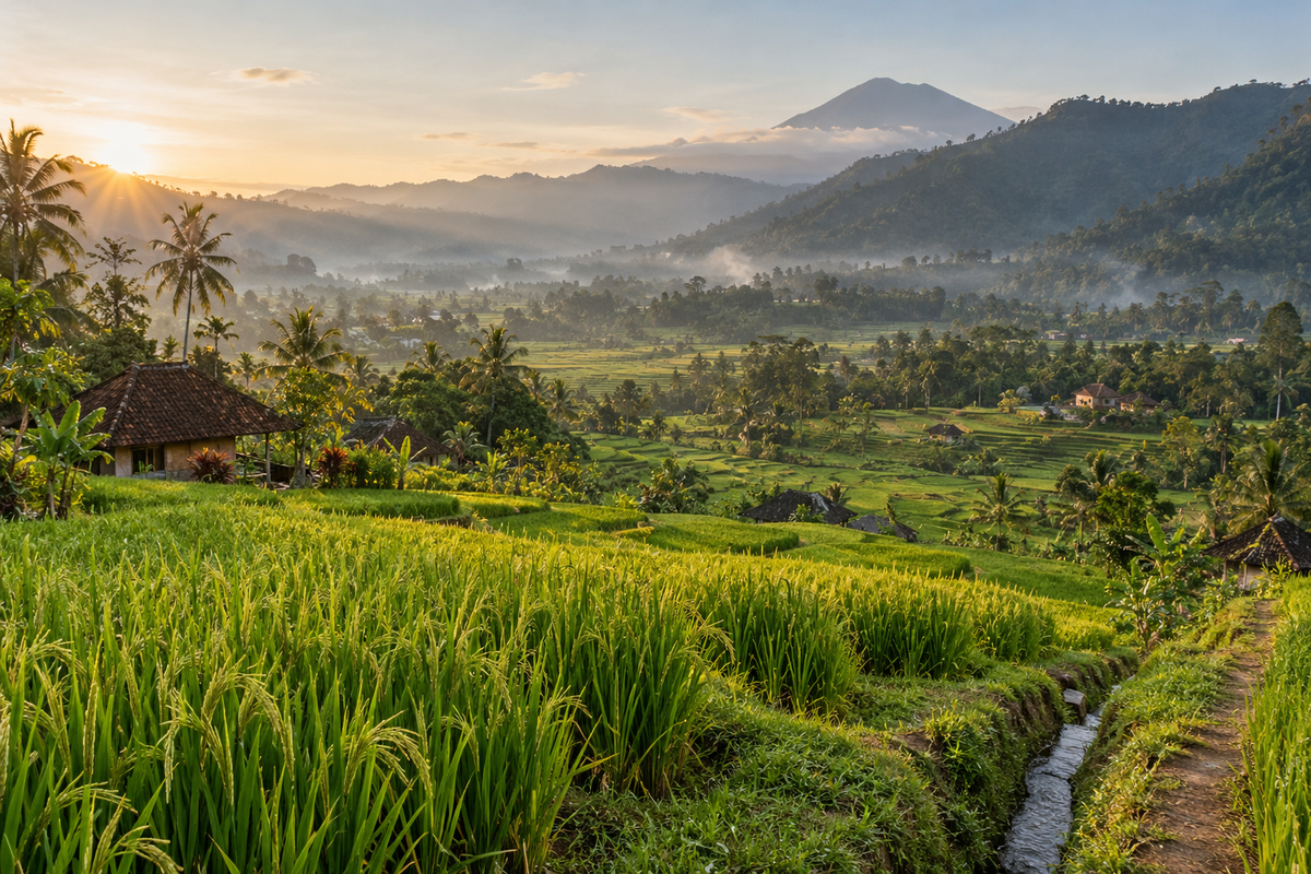 Lanskap sawah dan perbukitan di kawasan Sidemen Bali Timur