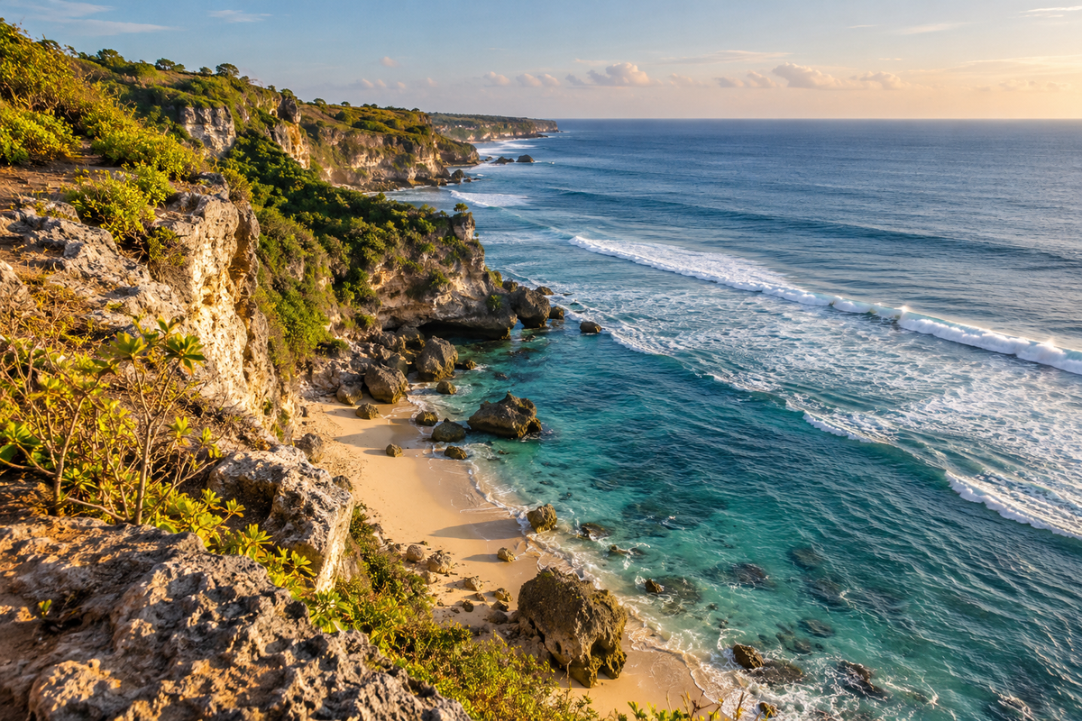 Lanskap tebing dan pesisir laut di kawasan Uluwatu Bali