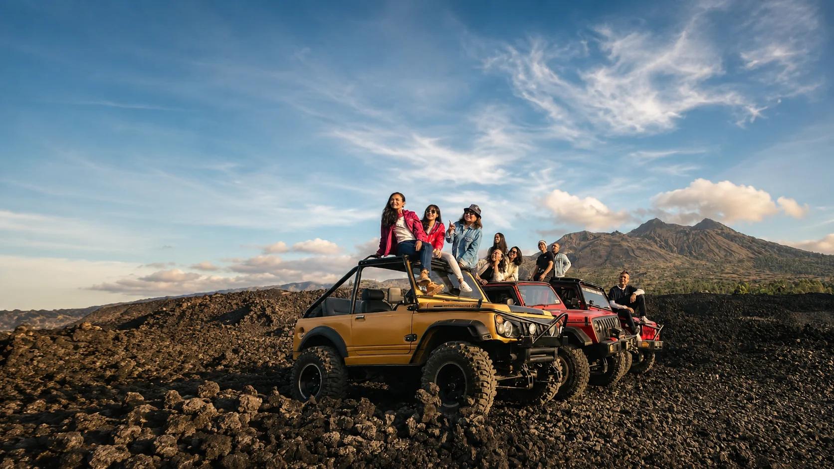 Corporate travel group enjoying a jeep experience in Kintamani, Bali
