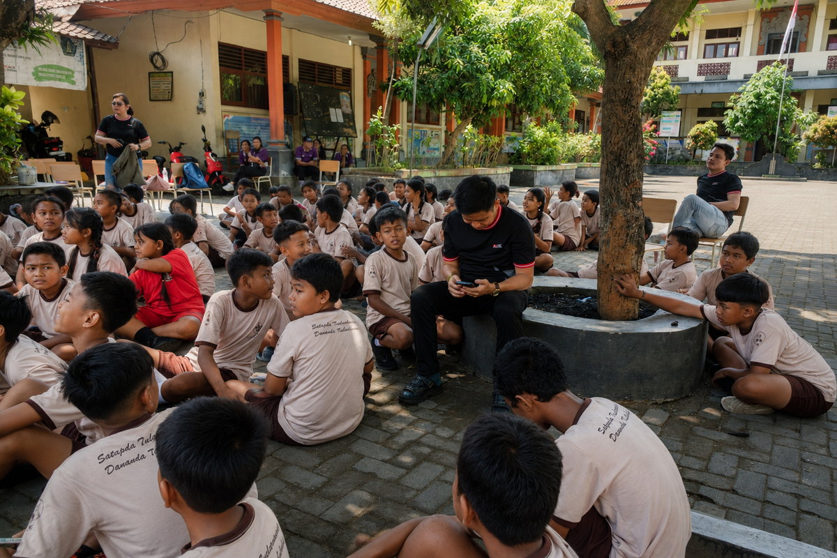Peserta dan pendamping berkumpul dalam kegiatan komunitas di sekolah Bali
