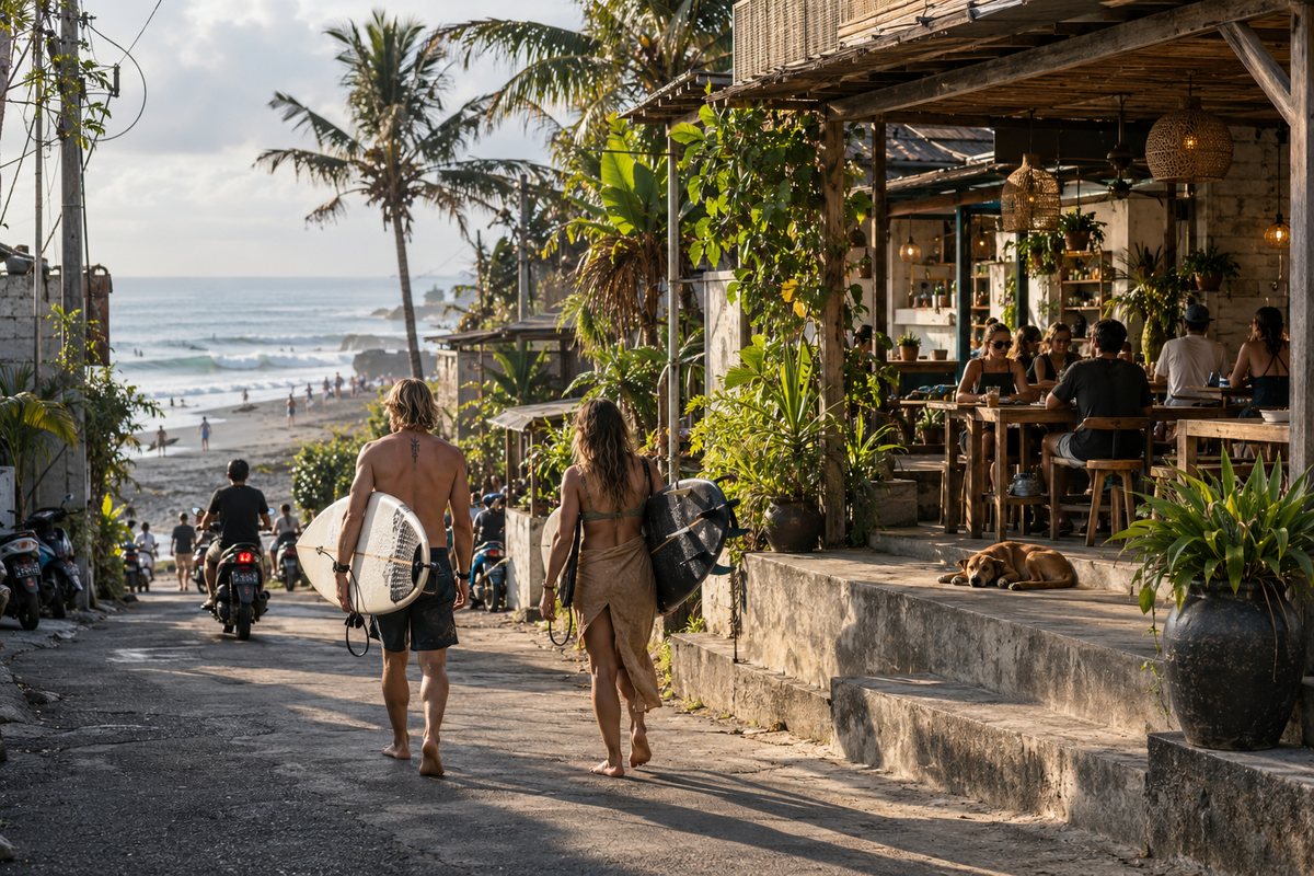 Suasana kawasan Canggu dengan aktivitas café dan wisata pantai