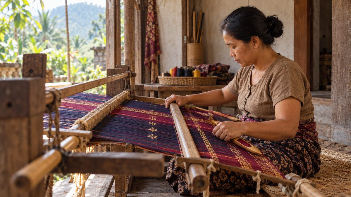 Perajin membuat kain tenun tradisional dengan alat tenun di kawasan Sidemen Bali.
