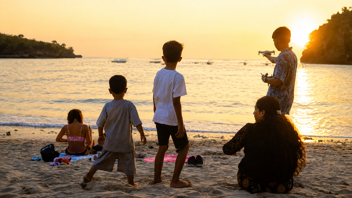 Keluarga menikmati waktu bersama di pantai Bali saat matahari terbenam