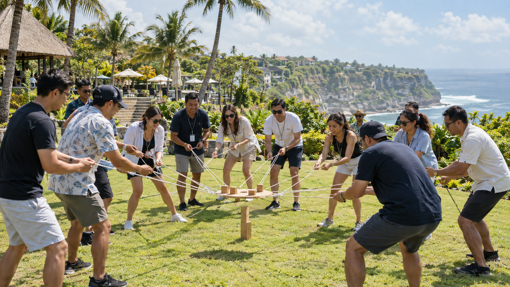 Tim perusahaan mengikuti kegiatan team building di area outdoor Bali