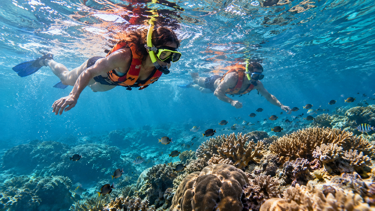 Traveler snorkeling di perairan Bali dengan pemandangan bawah laut