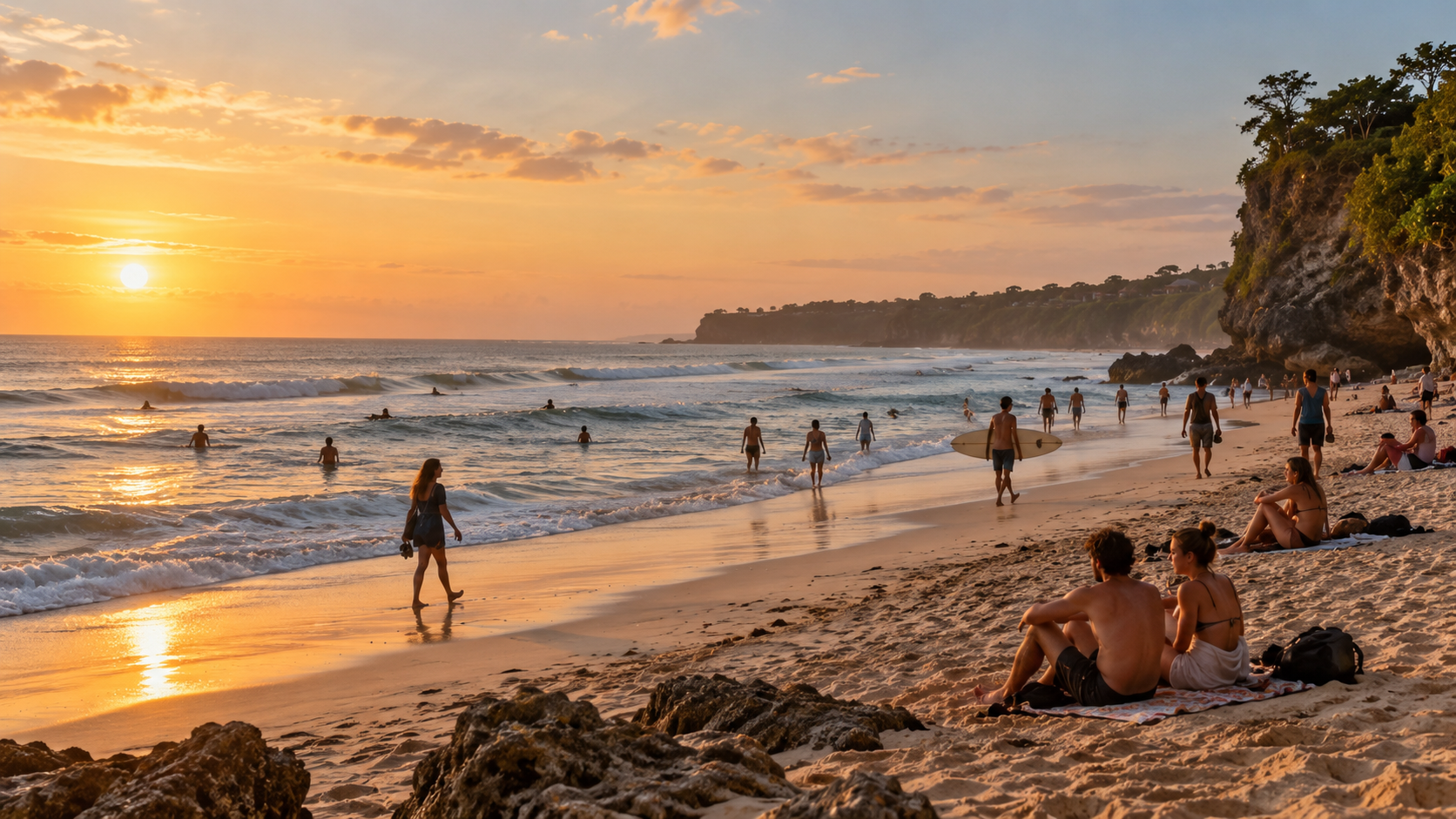 Traveler menikmati suasana pantai di Bali dengan laut dan garis pantai sebagai latar