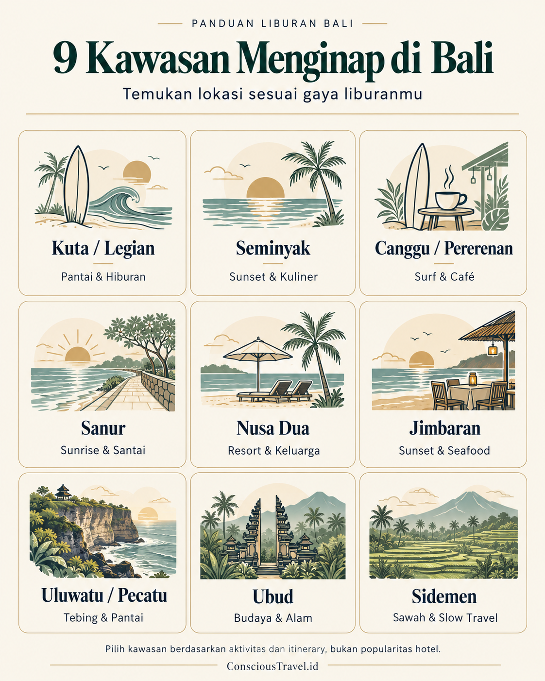 Infografik sembilan kawasan menginap di Bali beserta karakter aktivitas utamanya